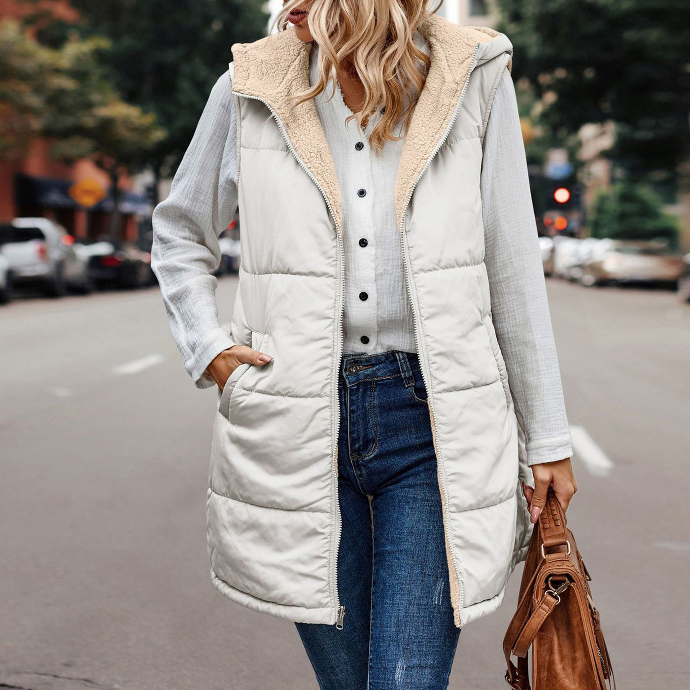 European And American Solid Color Hooded Cotton Jacket Vest Double-sided Wear Slim Elegant Cardigan Coat - Milky White - Women's Coats & Jackets - Carvan Mart