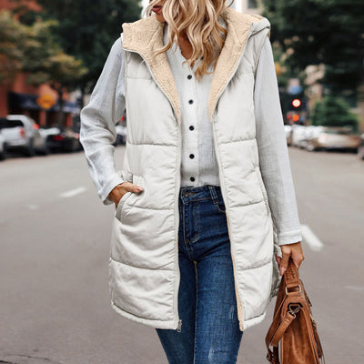 European And American Solid Color Hooded Cotton Jacket Vest Double-sided Wear Slim Elegant Cardigan Coat - Milky White - Women's Coats & Jackets - Carvan Mart