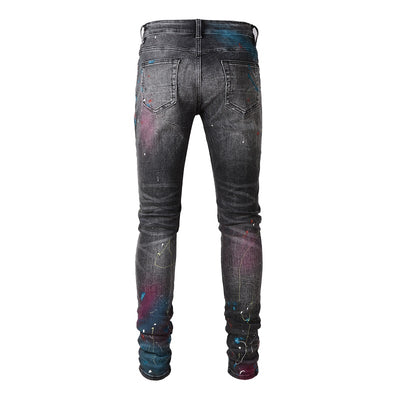 Vintage Distressed Paint Splashed Ink Stretch Gray Jeans For Men - - Men's Jeans - Carvan Mart