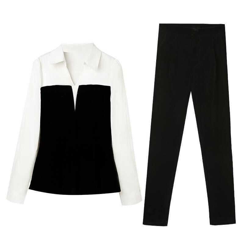 Chic Black and White Two-Piece Set - Women's Long Sleeve Blouse and Pants Office Siren Outfit - Carvan Mart