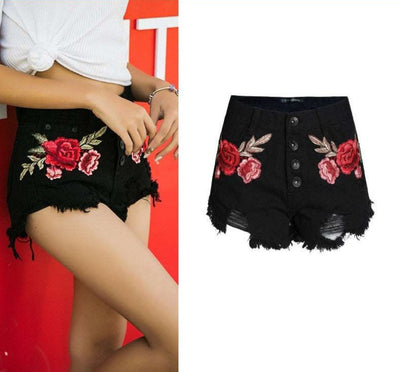 High Waisted Denim Shorts with Floral Embroidery for Women - Black - Women's Jeans - Carvan Mart