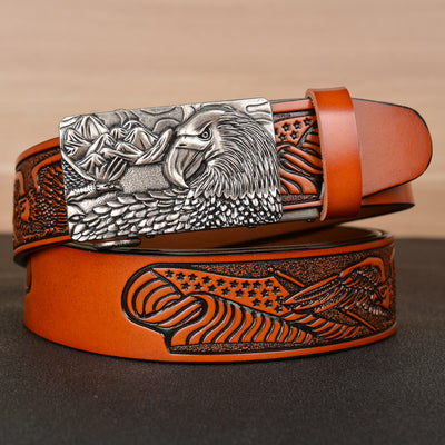 Men's Fashion Belt Eagle Wings Embossing - Brown Ancient silver buckle - Men's Belts - Carvan Mart