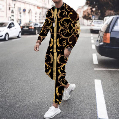 Men's Two Piece Suit Ice Silk Print Sweatshirt And Pant Sportswear - Gold Black - Men Suits & Sets - Carvan Mart