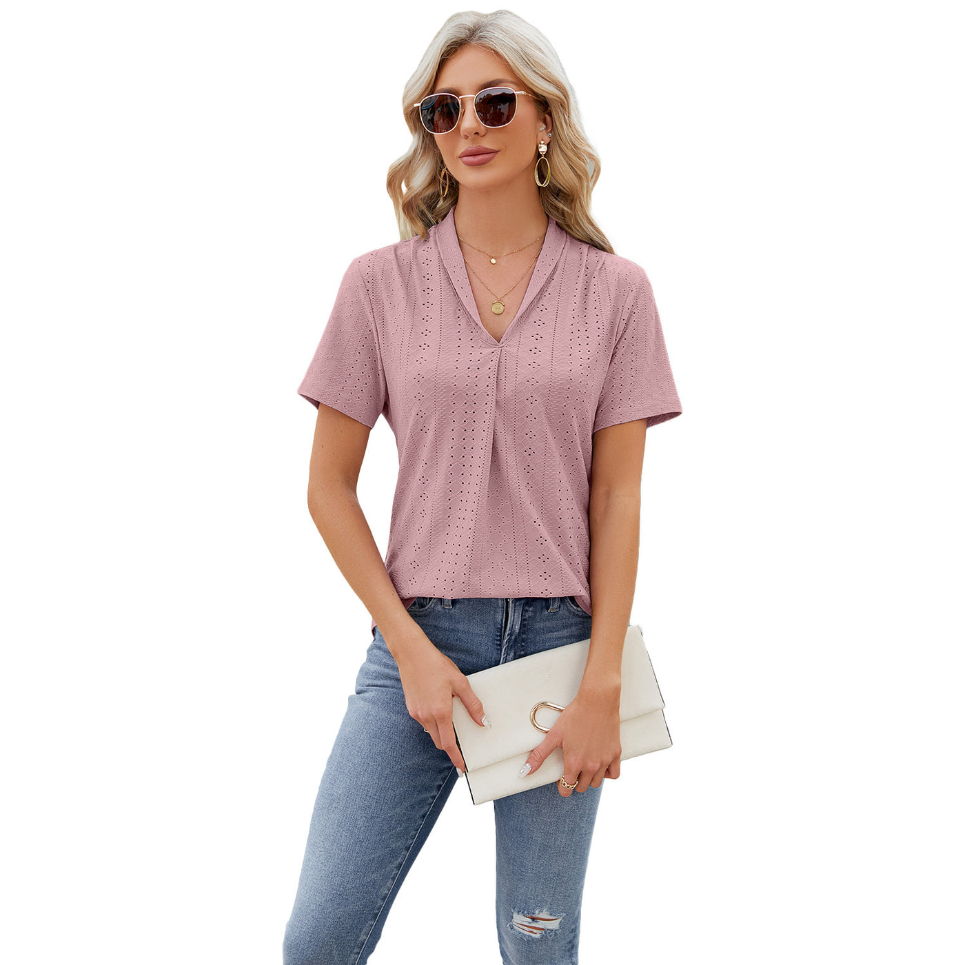 V-neck Hollow T-shirt Women's Summer Loose Short-sleeve Top - Dark Pink - Blouses & Shirts - Carvan Mart