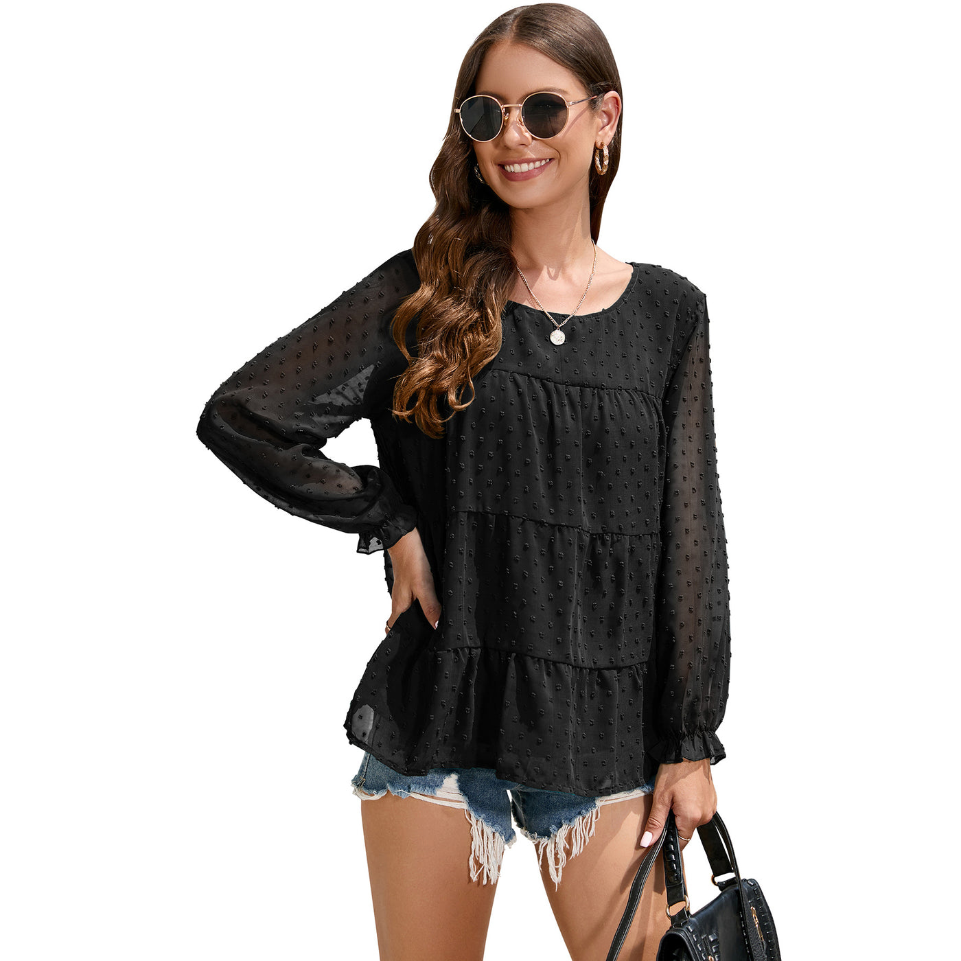 Loose Chiffon Shirt Round Neck Ruffle Women's Top - - Blouses & Shirts - Carvan Mart