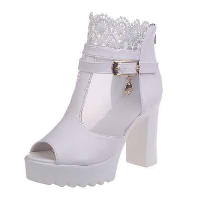 Platform High Heels Square Heel Sandals For Women - White - High Heels - Carvan Mart