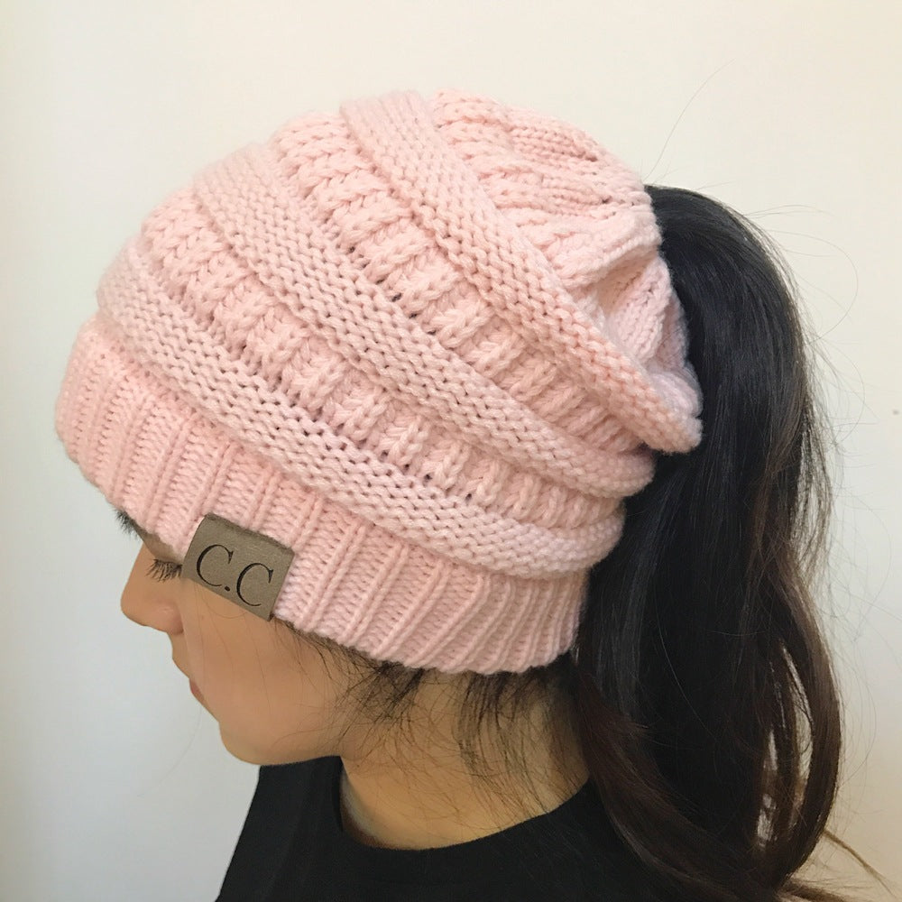 High Bun Ponytail Beanie Hat Chunky Soft Stretch Cable Knit Warm Fuzzy Lined Skull Beanie Acrylic Hats Men And Women - Pink - Women's Hats & Caps - Carvan Mart