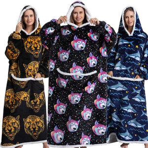 Animal Cartoon Extra Thick Lambswool Pajamas Hooded Lazy Blanket - Carvan Mart
