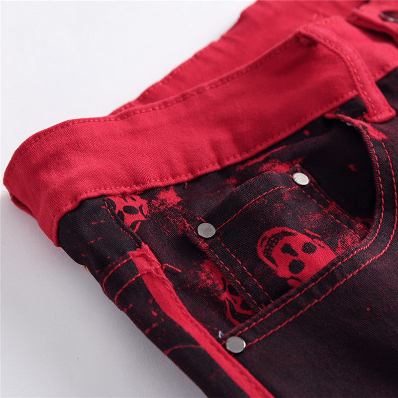 Skull red jeans men's casual jeans - - Men's Jeans - Carvan Mart