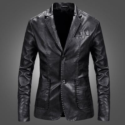 Slim Handsome Spring Leather Jacket Small Suit Men - Black - Genuine Leather - Carvan Mart