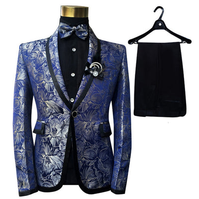 Men's Two Piece Blue Suit Floral Wedding Singer Prom Suit - Carvan Mart