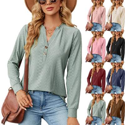 Relaxed-fit V-neck Tees Solid Color Button Jacquard Loose Long Sleeve Top - Carvan Mart