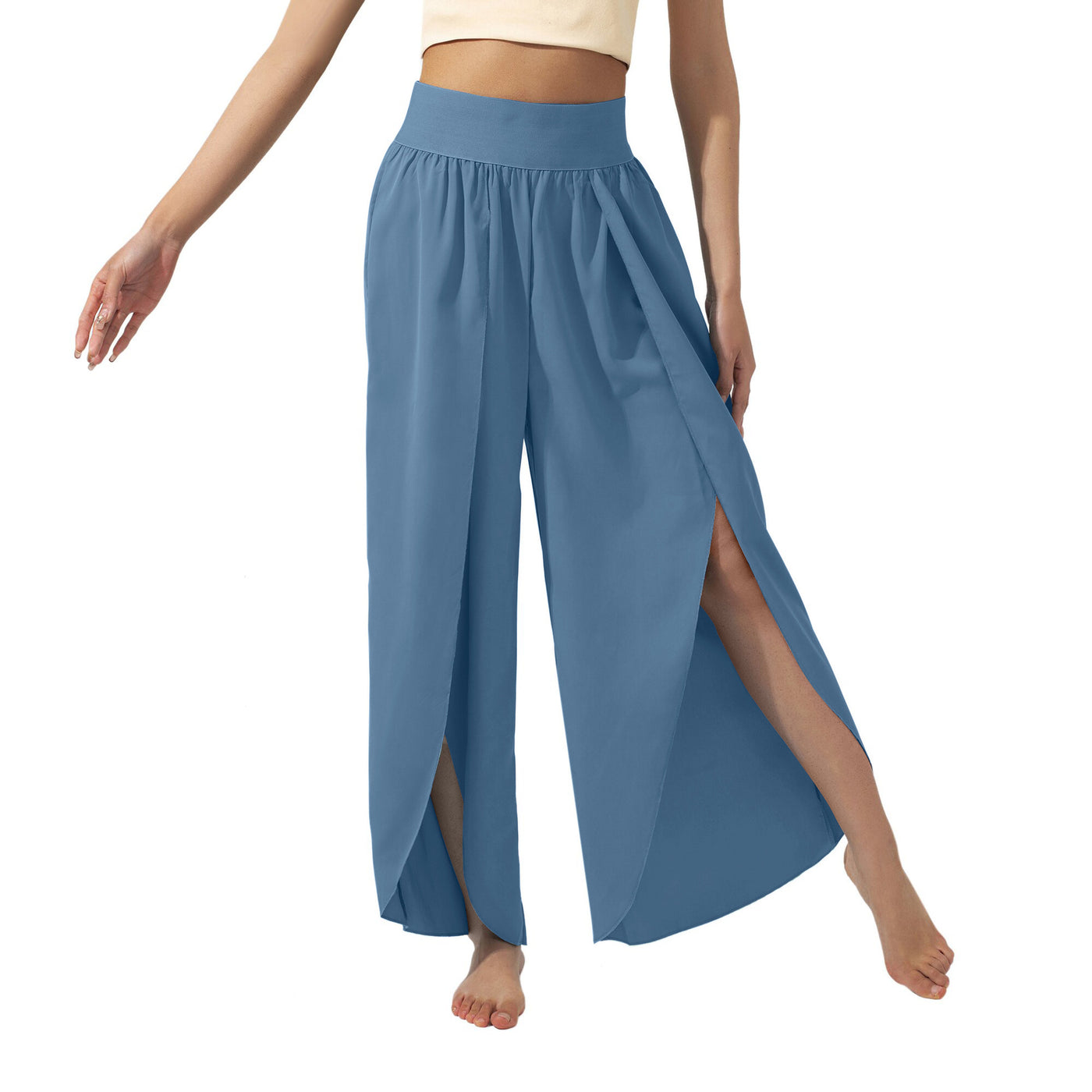 Flowy High-Waisted Split Leg Pants - Beachwear Boho Palazzo in Teal - Haze Blue - Pants & Capris - Carvan Mart