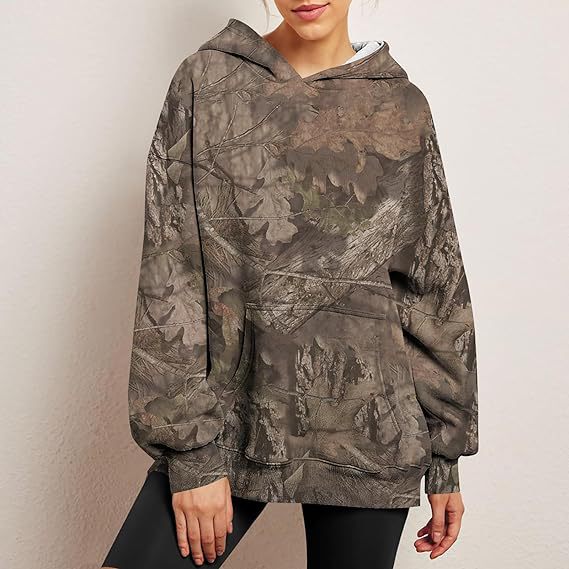 Camouflage Hoodie Maple Leaf Print Oversized Sports Women's Hoodie - Coffee - Women Hoodies & Sweatshirts - Carvan Mart