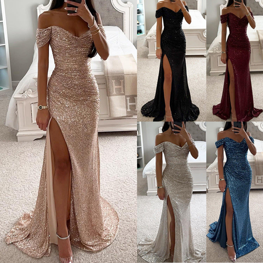 Off-Shoulder Sequin Evening Gown with High Slit - Elegant Formal Dresses - Carvan Mart