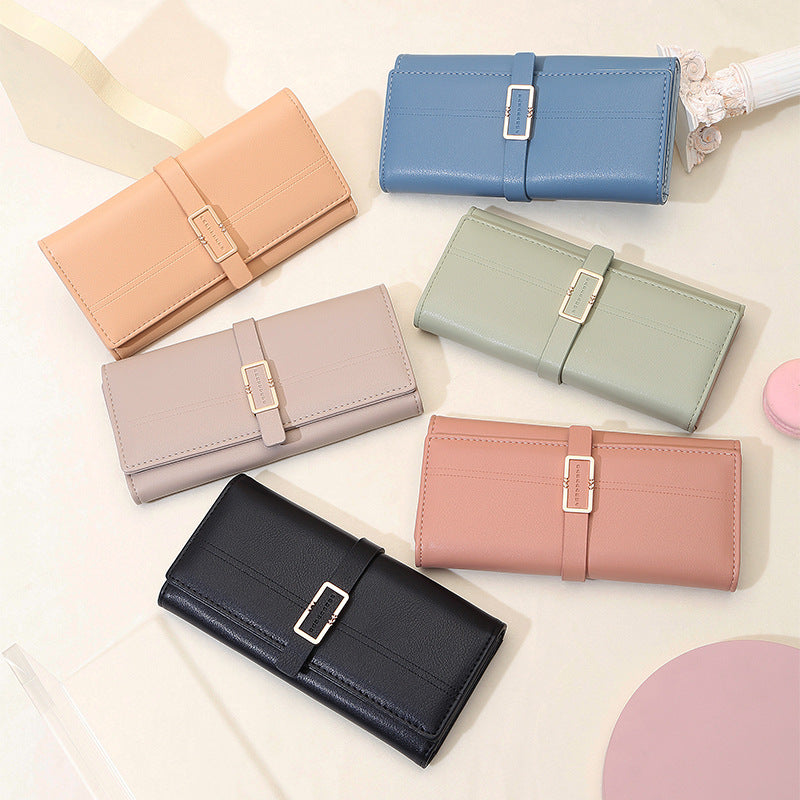 Long Metal Buckle Simple Tri-fold Clutch - Carvan Mart