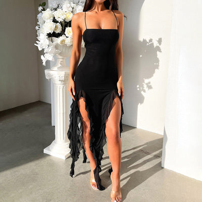 Suspender Tight Slim Skirt Split Ruffle Design Summer Women's Dress - Black - Dresses - Carvan Mart