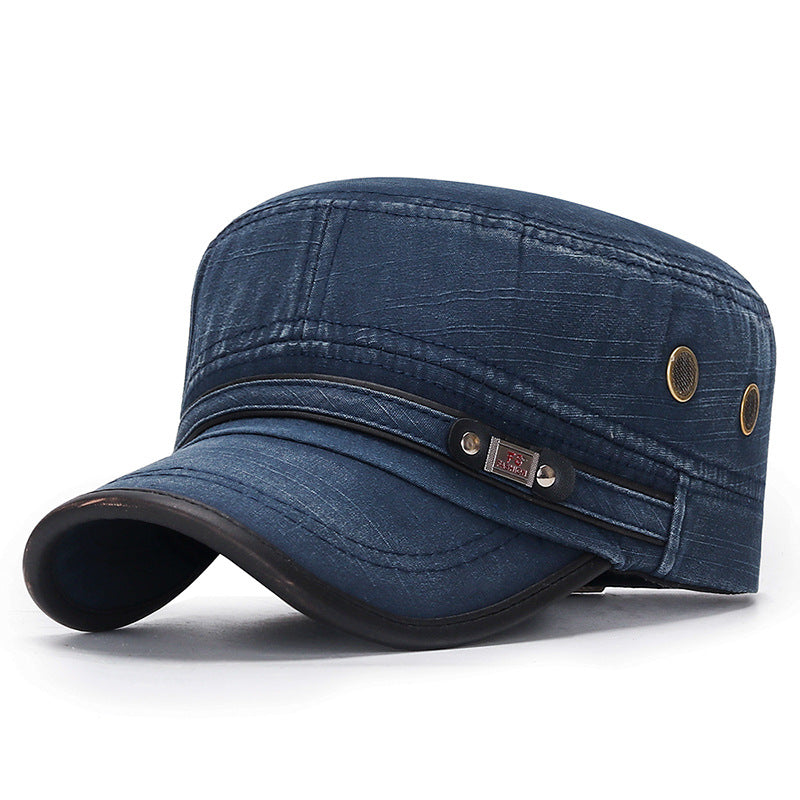 Distressed Flat-top Leather-trimmed Vintage Cotton Hat - Blue One size - Men's Hats & Caps - Carvan Mart