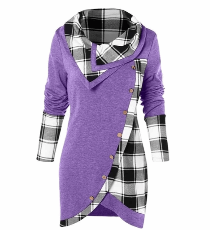 Women's Plaid Button-Up Hooded Sweatshirt - Cozy and Stylish Plaid Hoodie for All Seasons - Purple - Tops & Tees - Carvan Mart