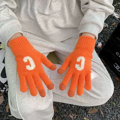 Candy Color Letter C Thick Cute Wool Knitted Warm Gloves - Orange - Women Gloves & Mittens - Carvan Mart