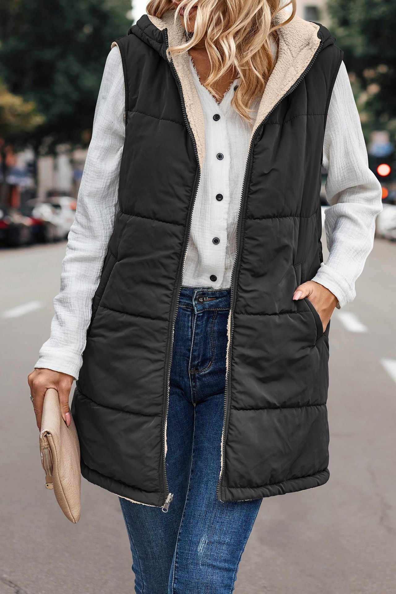 European And American Solid Color Hooded Cotton Jacket Vest Double-sided Wear Slim Elegant Cardigan Coat - Carvan Mart