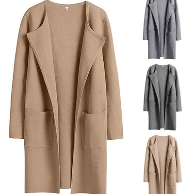 Women's Woolen Coat With Pockets Autumn And Winter Temperament  Slim Fit Mid Length Jacket Comfortable Casual Lapel Coat - Carvan Mart