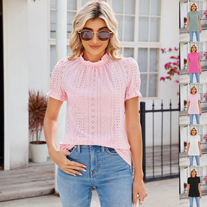 Women Lacework Round Neck Top Summer Puff Sleeves Loose Pleated T-shirt - Carvan Mart