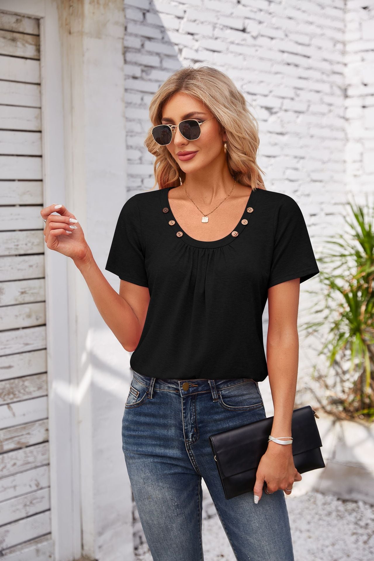 Women's Short-sleeve T-shirt Summer Button Square Collar Pleated Loose T-shirt - Black - Blouses & Shirts - Carvan Mart