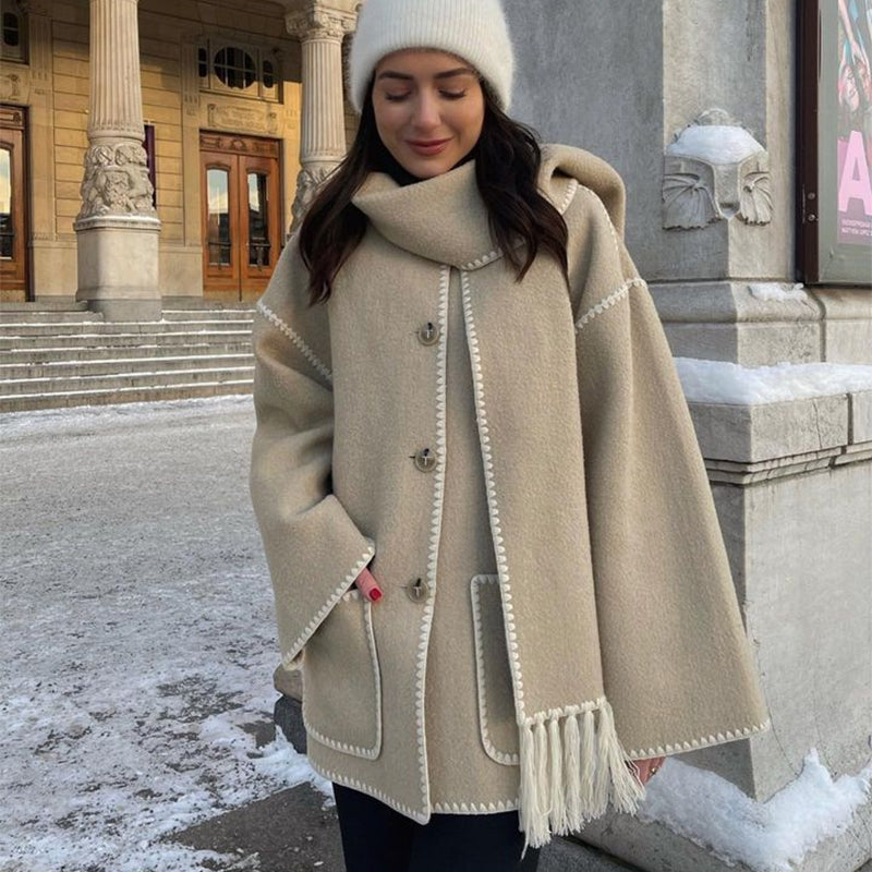 Women's Woolen Coat With Scarf Tassel Lady Office Streetwear Jacket - Dark Khaki Cloth - Women's Coats & Jackets - Carvan Mart