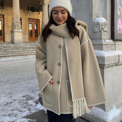 Women's Woolen Coat With Scarf Tassel Lady Office Streetwear Jacket - Dark Khaki Cloth - Women's Coats & Jackets - Carvan Mart