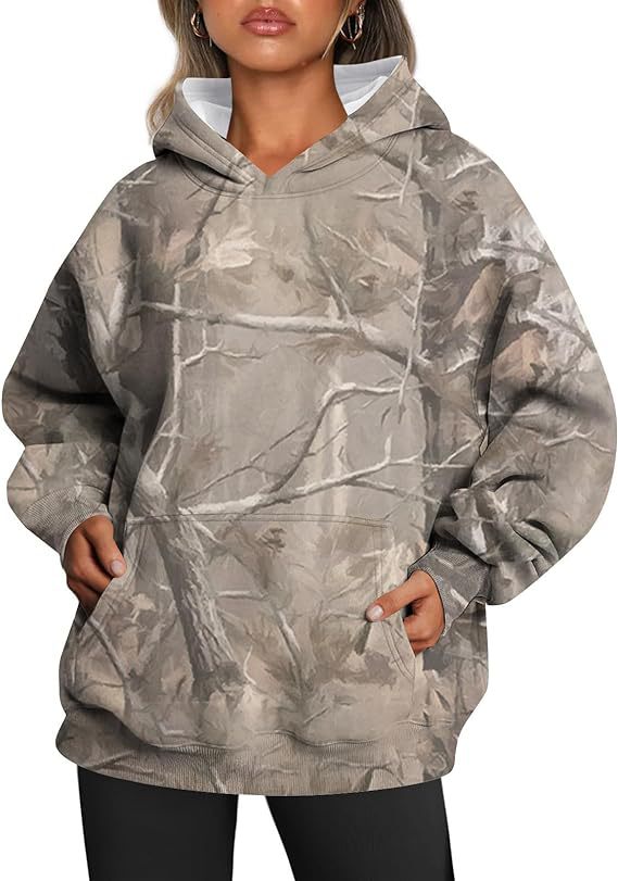 Camouflage Hoodie Maple Leaf Print Oversized Sports Women's Hoodie - Gray Branches - Women Hoodies & Sweatshirts - Carvan Mart