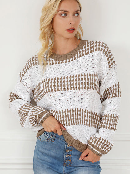 Women's Casual Loose Round Neck Contrast Knitwear Sweater