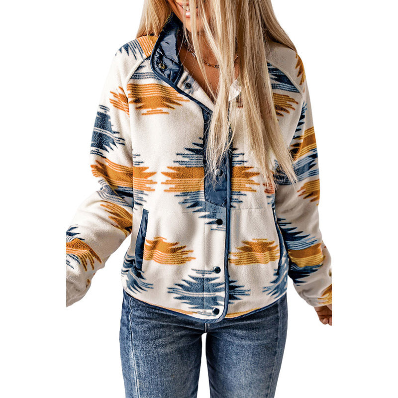 Winter Women's Printed Cardigan Jacket Fashion Color Contrast Fleece Coat - Carvan Mart