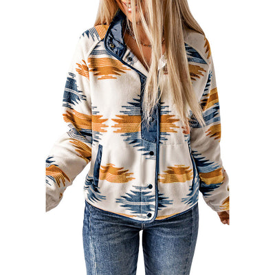 Winter Women's Printed Cardigan Jacket Fashion Color Contrast Fleece Coat - Carvan Mart