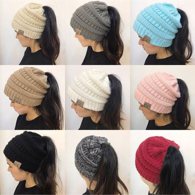 High Bun Ponytail Beanie Hat Chunky Soft Stretch Cable Knit Warm Fuzzy Lined Skull Beanie Acrylic Hats Men And Women - - Women's Hats & Caps - Carvan Mart