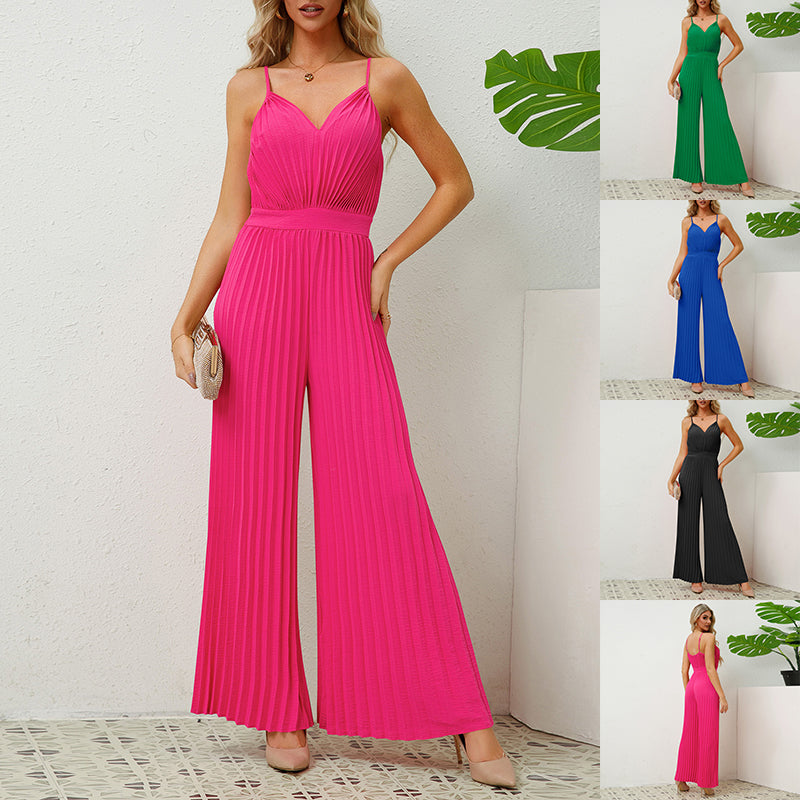 V-neck Suspender Pleated Jumpsuit Loose Straight Pants Women's Jumpsuit - - Jumpsuits & Rompers - Carvan Mart