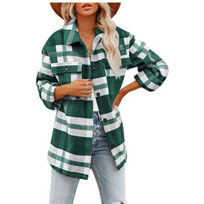 Women's Fashionable Woolen Plaid Shirt Jacket - Dark Green - Blouses & Shirts - Carvan Mart