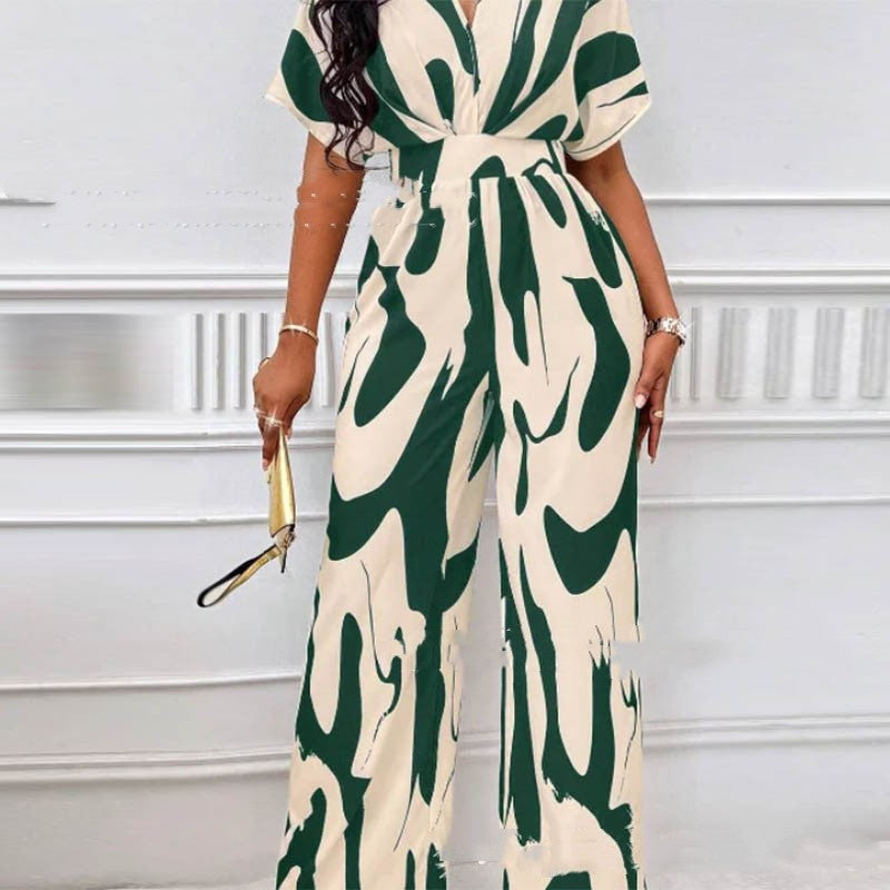 Abstract Print Button Front Dress, Casual Short Sleeve Lapel Ruched Tied Dress, Women's Clothing - Green - Jumpsuits & Rompers - Carvan Mart