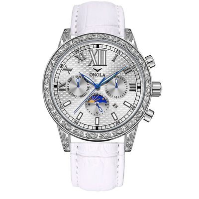 Stylish And Versatile Automatic Mechanical Leather Watch - White Surface White Belt - Men's Watches - Carvan Mart