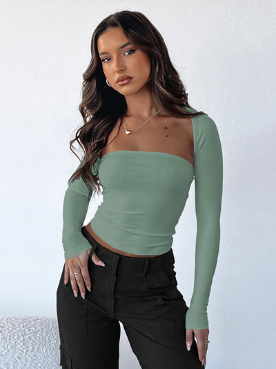 Tube Top Cinched Waist T-shirt Long Sleeve Tight Two-piece Blouse Women's Top - Pine Green - Tops & Tees - Carvan Mart