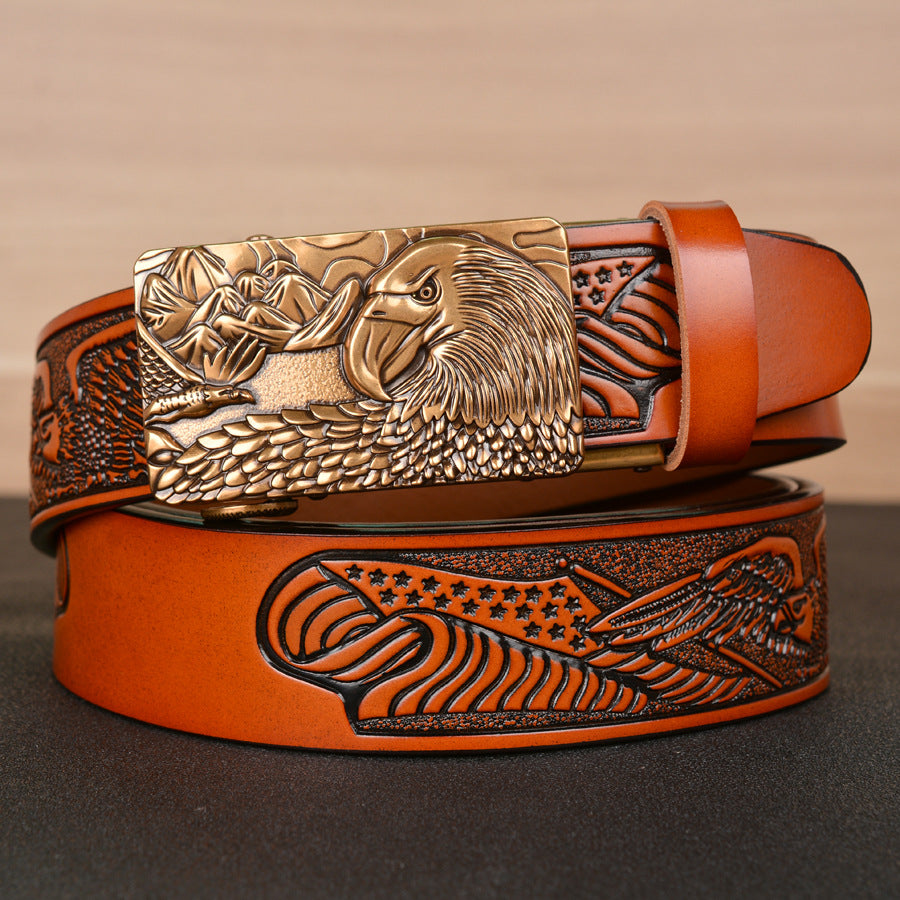 Men's Fashion Belt Eagle Wings Embossing - Brown bronze buckle - Men's Belts - Carvan Mart