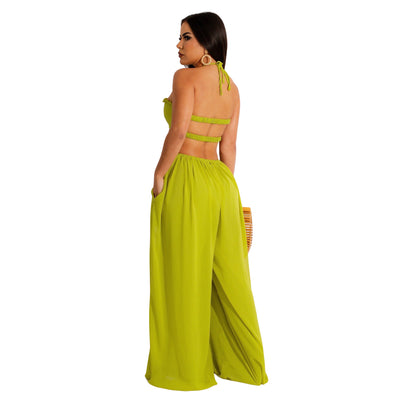 Women's Chiffon Chest Wrap Bare Back Wide Leg Jumpsuit - Carvan Mart