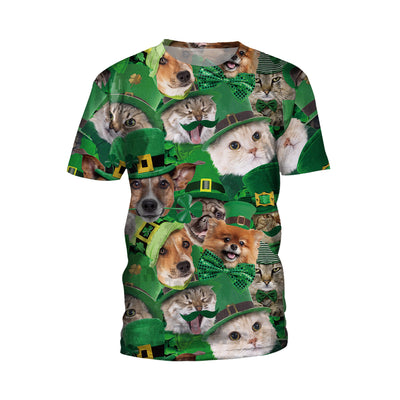 Patrick's Day Four Leaf Grass Cute Pet Cat Digital Print Round Neck T-shirt - Carvan Mart