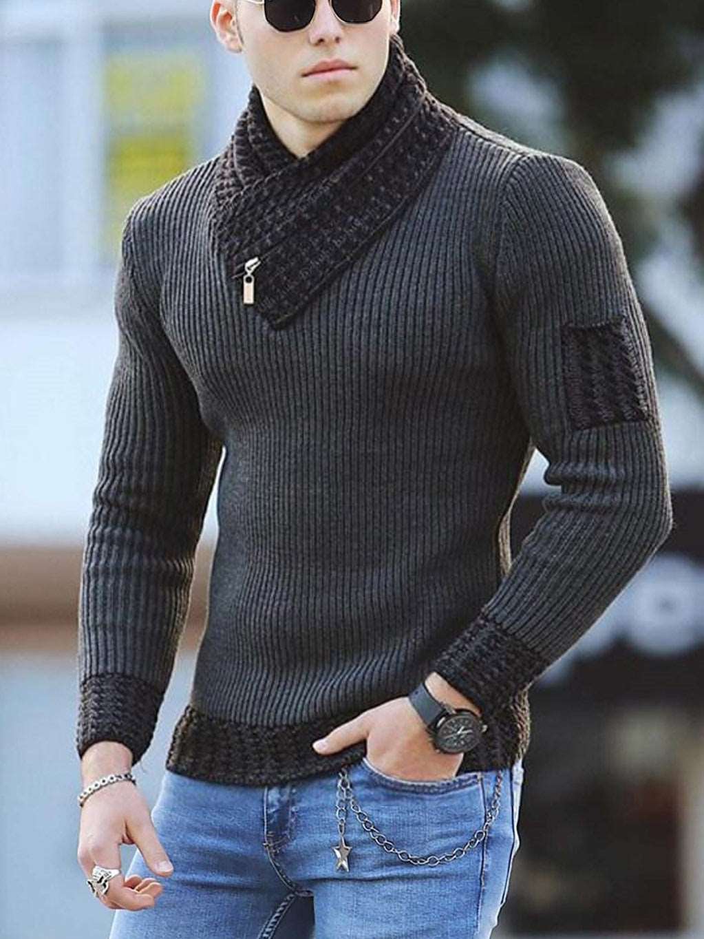 Casual Slim Knit Pullover Long Sleeve Scarf Collar Sweater Men's - Dark Grey - Men's Sweaters - Carvan Mart