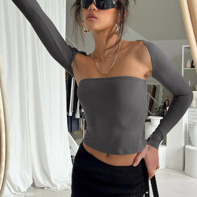 Tube Top Cinched Waist T-shirt Long Sleeve Tight Two-piece Blouse Women's Top - Carvan Mart