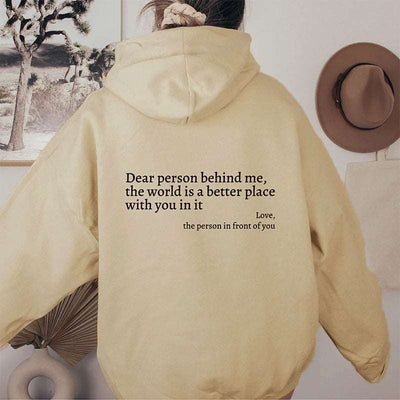 Women's Plush Letter Printed Hoodie - Kangaroo Pocket Drawstring Pullover - Beige - Women's Hoodies & Sweatshirts - Carvan Mart