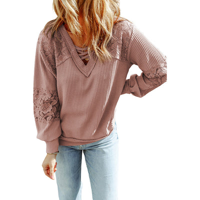 Women's Lace Waffle Long-sleeve Top - Carvan Mart