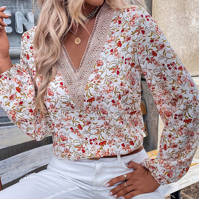 Loose Lace V-neck Chiffon Shirt For Women New Floral Printed Long-sleeve Top - Carvan Mart