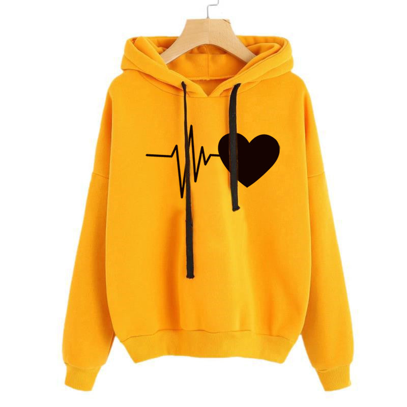 Heart Print Streetwear Hoodies Women Sweatshirt Spring Autumn Long Sleeve Hoodie Clothes - Yellow - Women Hoodies & Sweatshirts - Carvan Mart