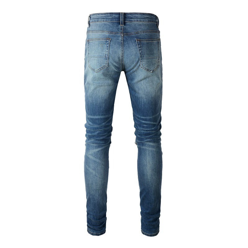 Patched Leather Pleats And Patchwork For Old Washed Light Colored Jeans For Men - Carvan Mart